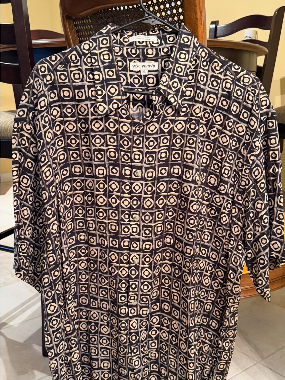 Via Veneto Black & Cream Geometric Short-Sleeve Button Shirt